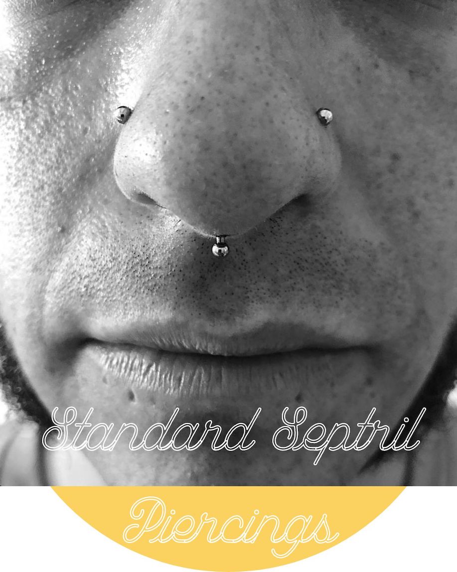 Standard septril piercings, a man with a silver septril piercing stud