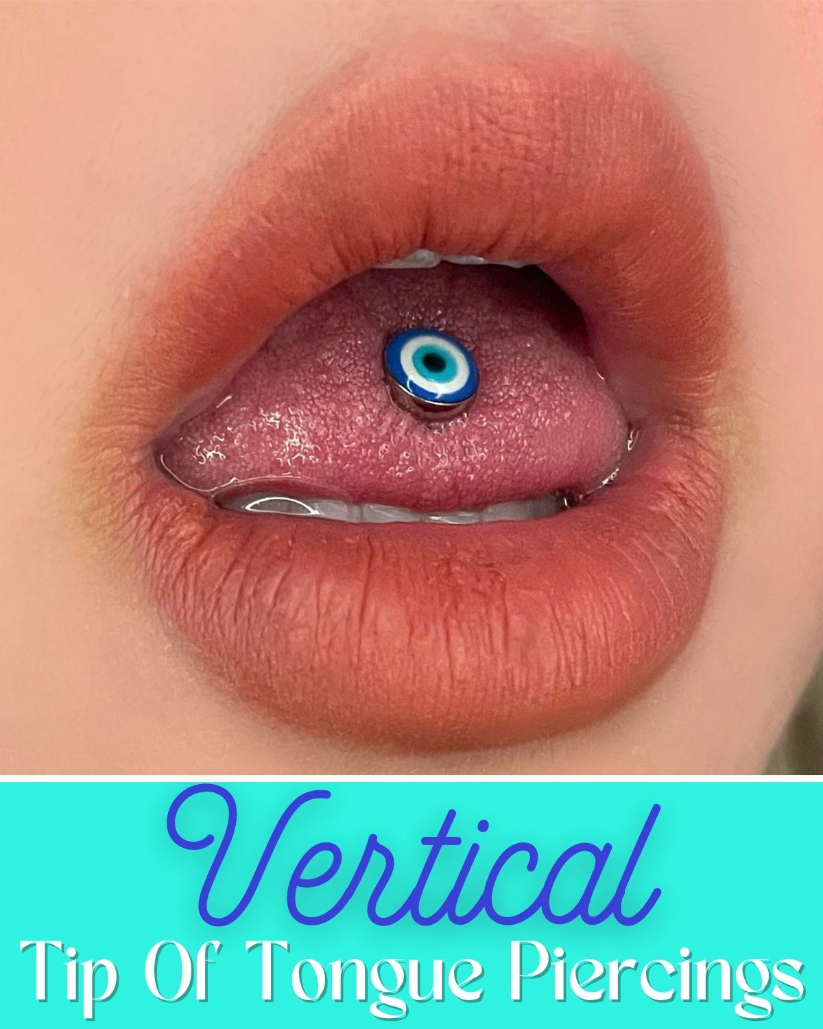 A vertical tongue piercing with an evil eye stud