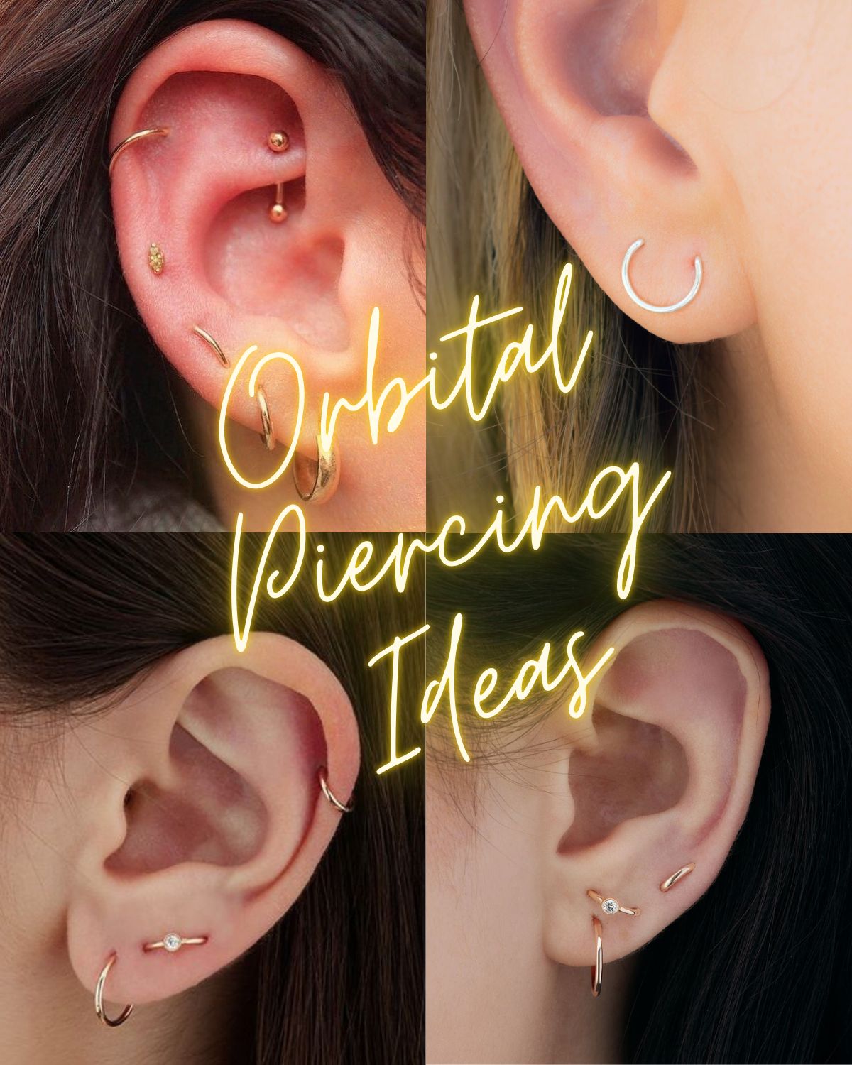 Four women's ear lobes with Orbital Ear Piercing