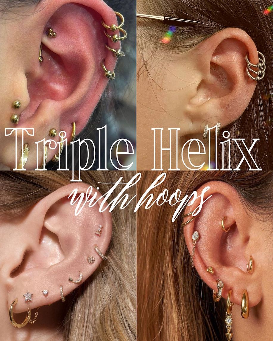 Four images of women with triple piercings on their cartilage with hoops