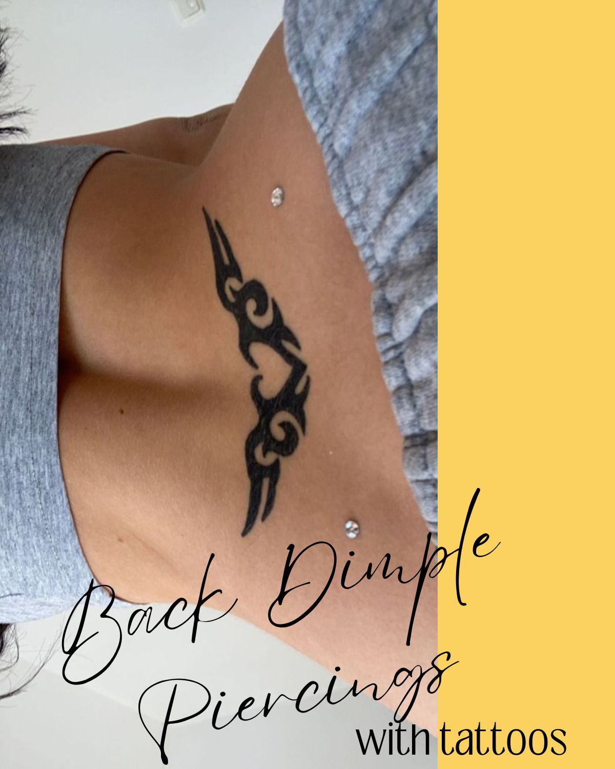 A girl with a tattoo and back dimple piercing