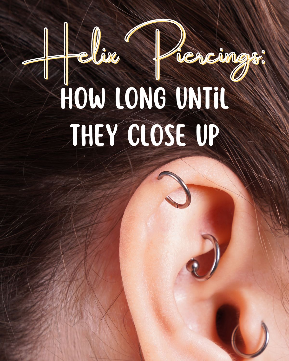 A woman with multiple hoop earrings in different piercings in her tragus and helix before the hole closes