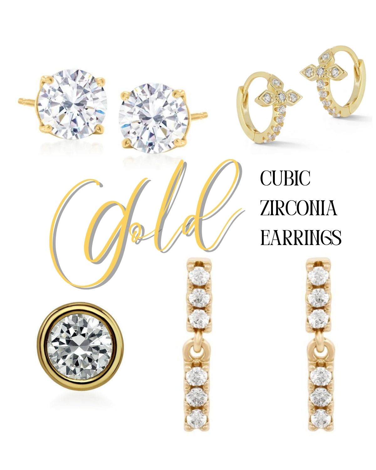 Four pairs of gold earrings with cubic zirconia