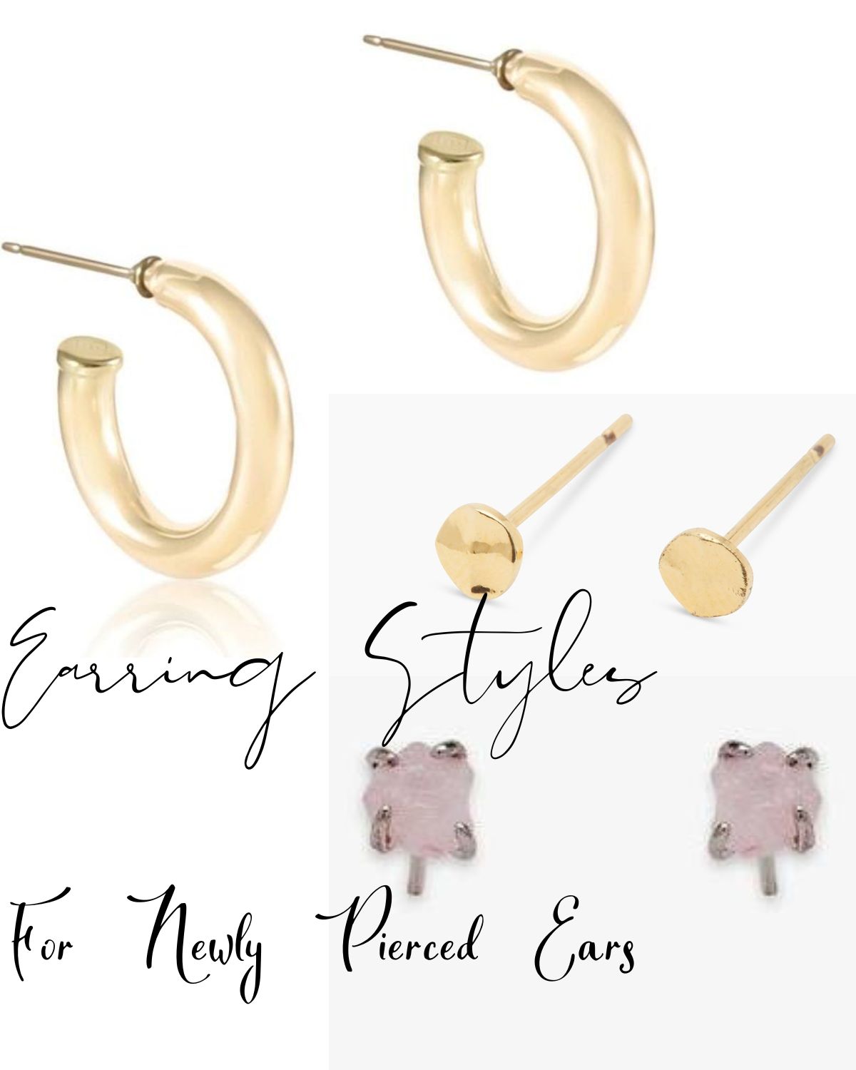 Three pairs of earrings, one pair of hoops and two studs
