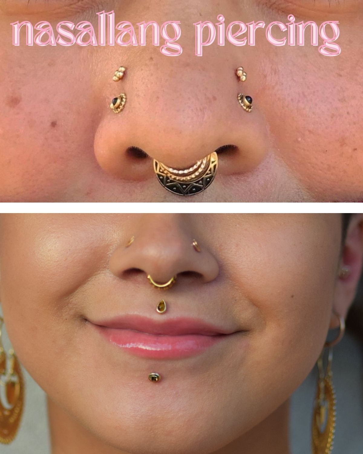 Nasallang piercings on two different women